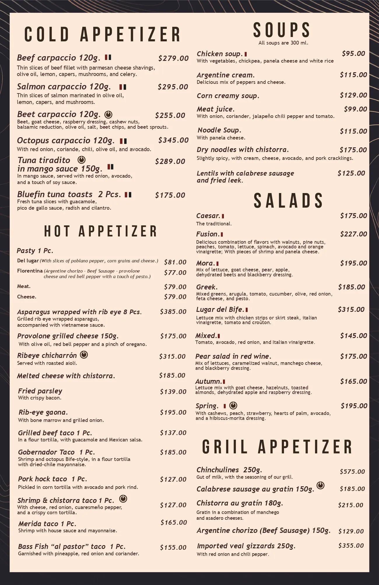 Cold and hot appetizers, soups, salads and grill appetizers menu