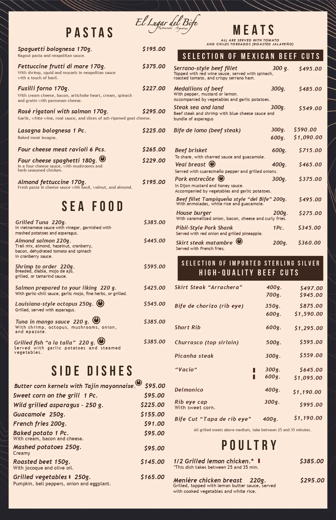 Pastas, sea food, side dishes, beef cuts and poultry menu