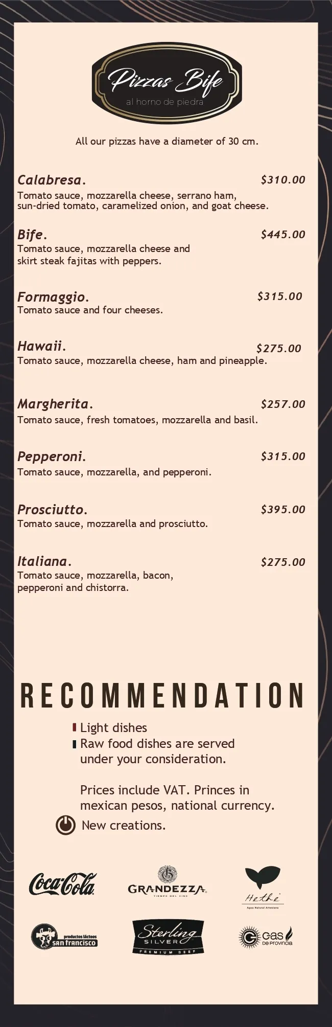 Pizzas Bife stone-oven menu and recommendations
