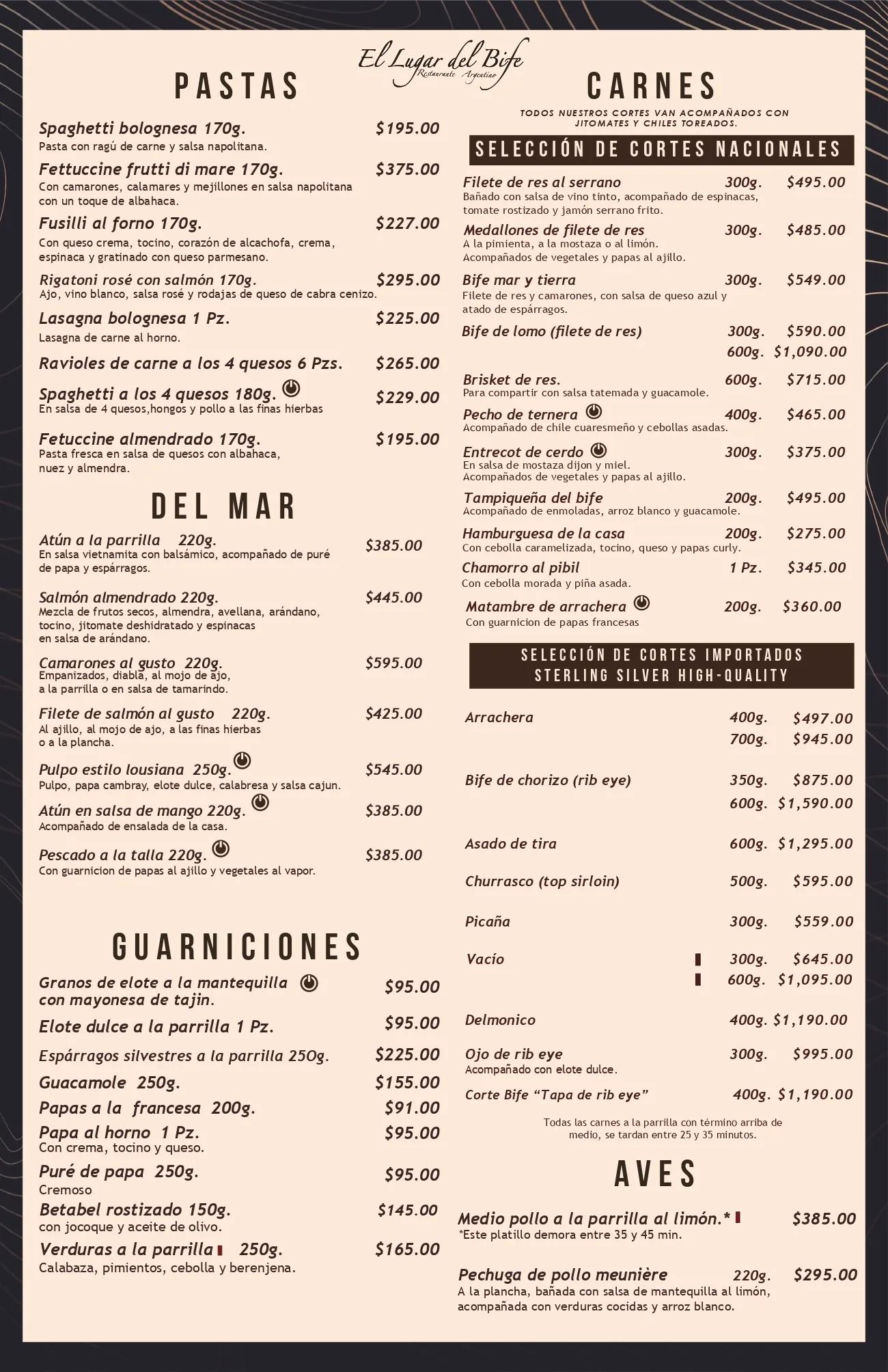 Carta de entradas frías y calientes, sopas, ensaladas y entradas de la parrilla