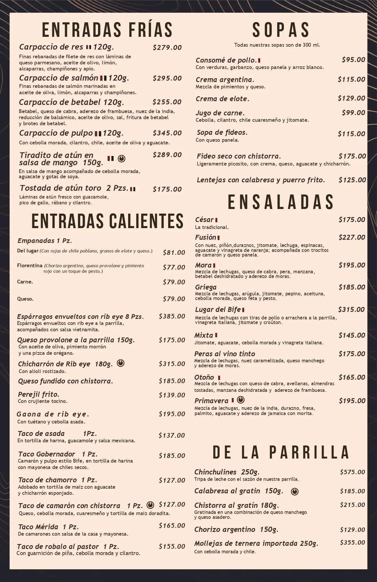 Carta de pastas, mariscos, guarniciones, carnes nacionales e importadas, y aves