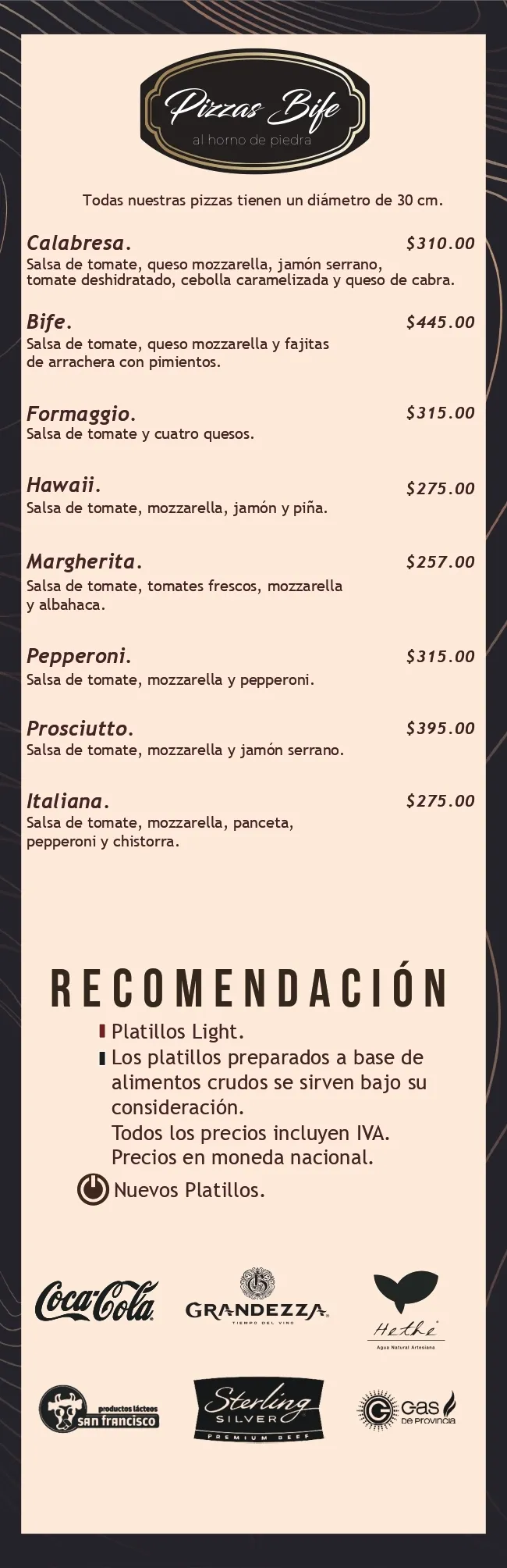 Carta de pizzas Bife al horno de piedra y recomendaciones
