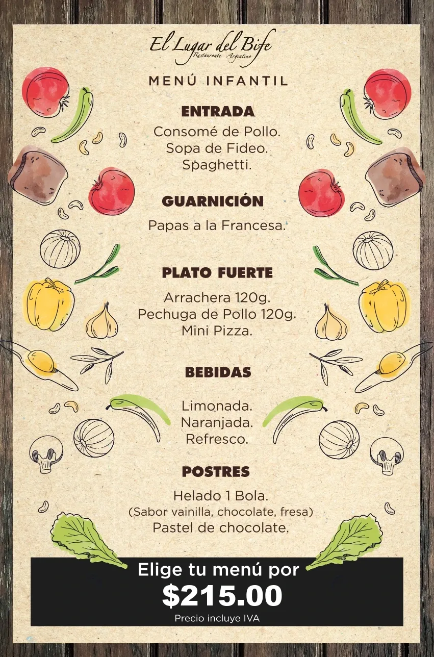Carta del menú infantil de El Lugar del Bife — página 2