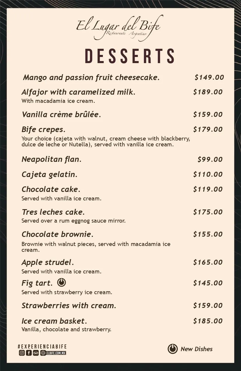 Desserts menu
