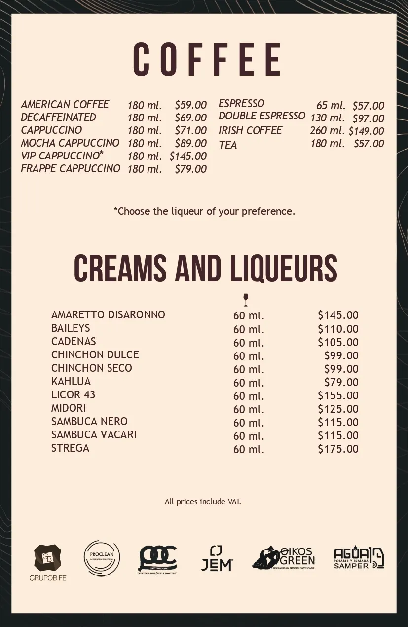 Coffee, creams and liqueurs menu