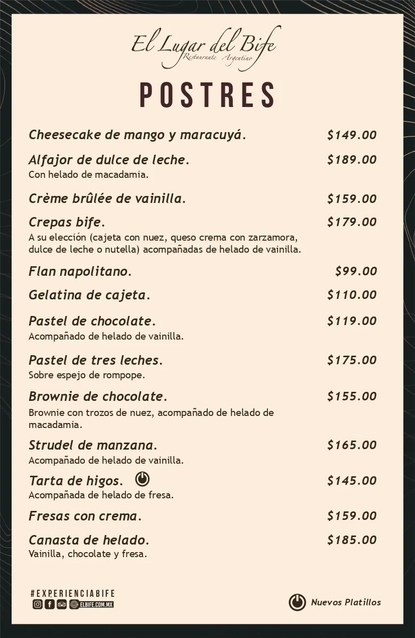 Carta de postres de El Lugar del Bife