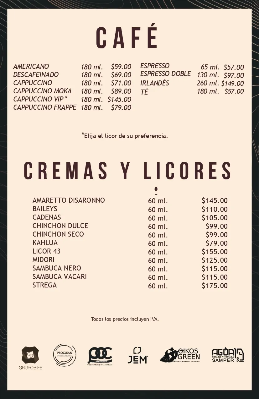 Carta de café, cremas y licores